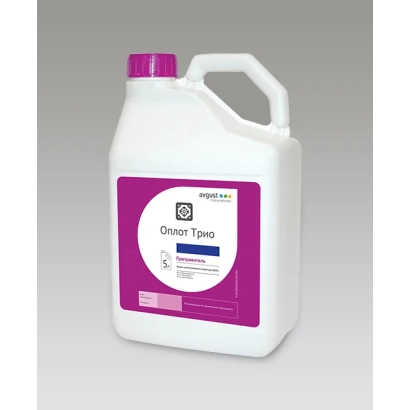 Біла канистра з фіолетовою етикеткою, на якій написано «Оплот Трио». - Оплот Тріо