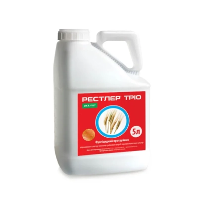 White jug with red label «Restler Trio» and wheat ear illustration - Restler, KS