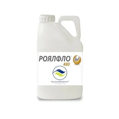 Біла канистра з етикеткою Royalflo 480 - Роялфло 48% в.с.к.