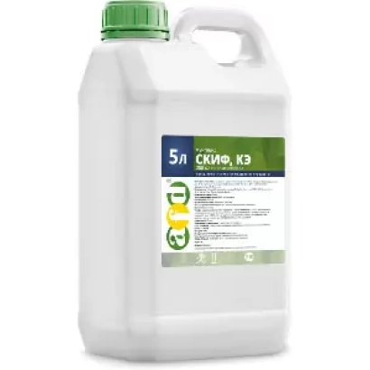 Біла канистра з зеленою кришкою та етикеткою СКИФ, КЗ - Скіф