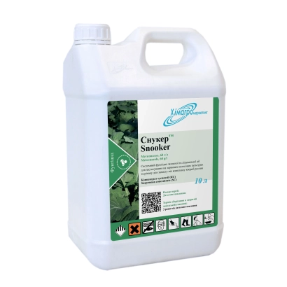 Белая канистра с этикеткой 'Снукер | Snooker' и изображением зелёных листьев.