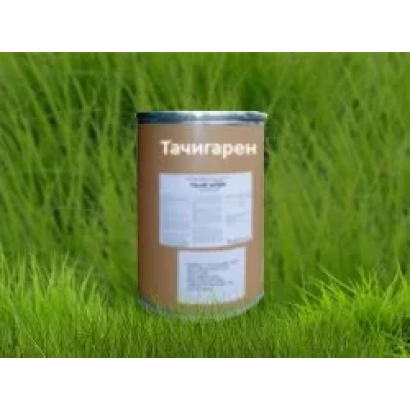 Канister с фунгицидом Тачигарен на фоне зелёной травы. - Тачигарен з.п.