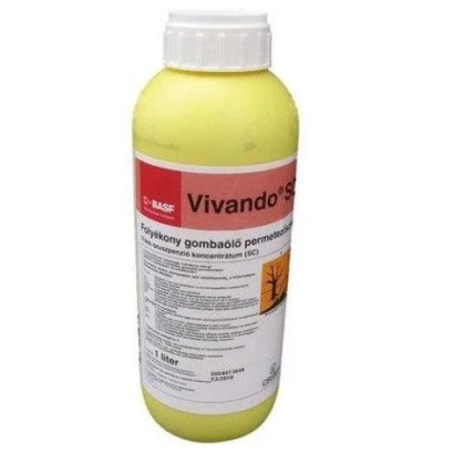 Yellow bottle with label Vivando c.s. for fungicide.