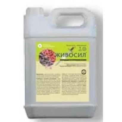 Jug of fungicide Zhivasil on a light green label with a berry illustration. - Livocil t.c.s.