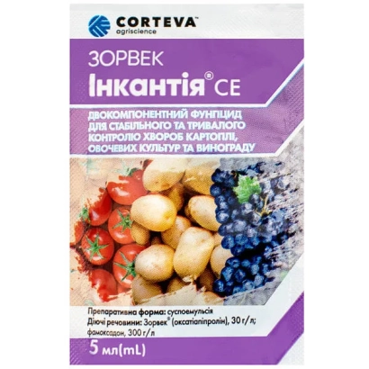 Packaging of fungicide Zorek Incantia CE with images of tomatoes, potatoes, and grapes