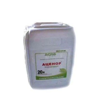 Белая канистра с этикеткой АЦЕНОР, гербицид для сельскохозяйственных культур.