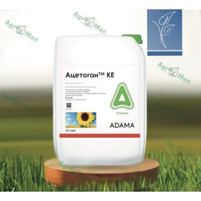 Белая канистра с надписью «Ацетоган КЕ» на зелёном фоне травы.