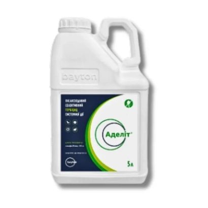 Біла канистра з етикеткою гербіциду Аделіт