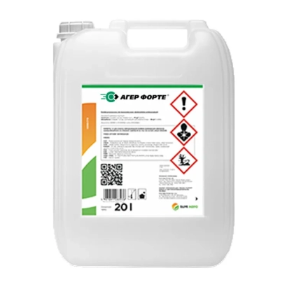 Каністра з гербіцидом АТЕР-ФОРТЕ, видно етикетку з назвою та попередженнями. - Аґер Форте