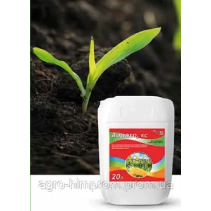 Біла канистра з гербіцидом Айдахо, КС (тербутилазин, 500 г) на фоні ґрунту та пагону