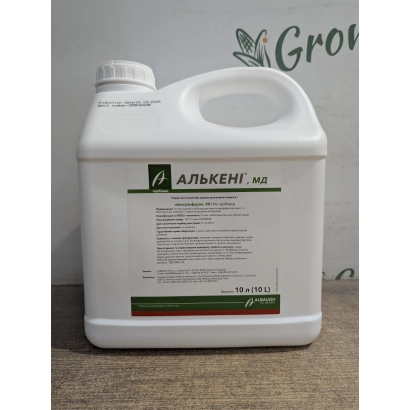 Белая канистра с этикеткой АЛЬКЕНИ на деревянной поверхности - Алькени (Alkeny)