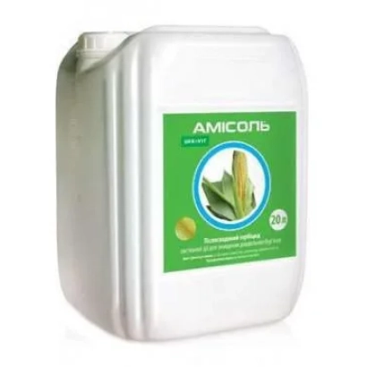 White container with green label showing the product name «AMISOL» and an image of a wheat ear.