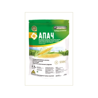 Упаковка гербицида АПАЧ с изображением полей и логотипом производителя