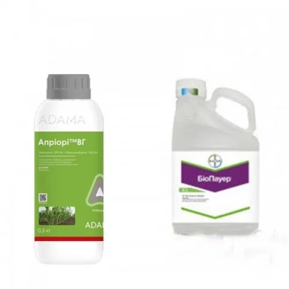 Бутылка с гербицидом Априори ВГ и канистра BioTopper