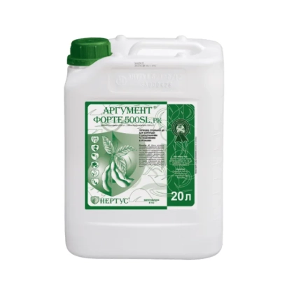 Белая канистра с зелёной крышкой и этикеткой Аргумент Форте 500 SL в.р.к. объёмом 20 л.