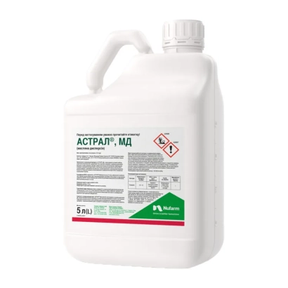 Белая канистра с этикеткой АСТРАР® МД, гербицид для сельскохозяйственных культур. - АСТРАЛ, МД