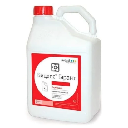 Белая канистра с красной крышкой и этикеткой «Бицепс Гарант»