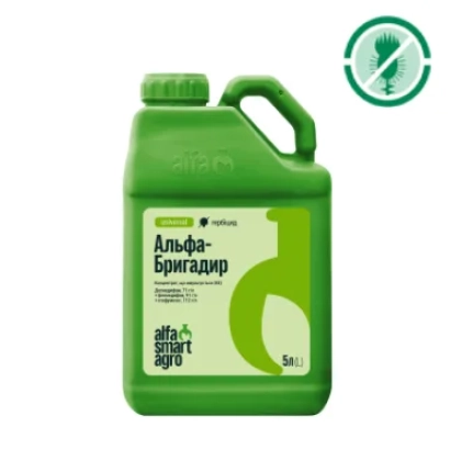 Зеленая канистра с надписью «Альфа-Бригадир» и логотипом Alfa Smart Agro - Бригадир к.е.