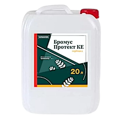 Белая канистра с этикеткой «Бромус Протект KE» и изображением злаковых растений.