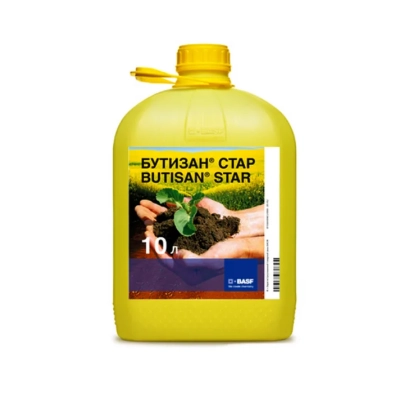 Желтая канистра с гербицидом Бутизан Стар на фоне поля - Бутизан Стар к.с.