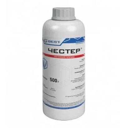 Bottle of herbicide CHESTER with label and text 500 g - Chester, WG (nicosulfuron, 750 g/kg)