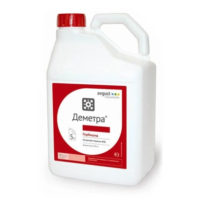 Белая канистра с красной крышкой и этикеткой Деметра