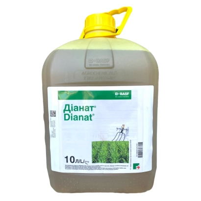 Канистра с гербицидом Дианат, зелёная жидкость, этикетка с изображением поля