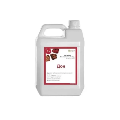 White jug with label showing the name «Don» and images of berries. - Don, KE (metolachlor, 960 g/l)