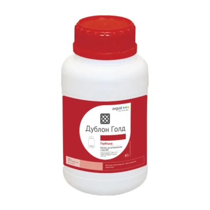 Бутылка гербицида Дублон Голд с красной крышкой и этикеткой