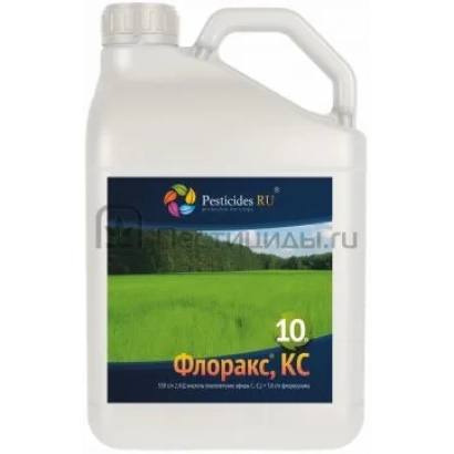 Белая канистра с этикеткой «Флоракс, КС» на фоне зелёного поля - Флоракс Дуо к.е.