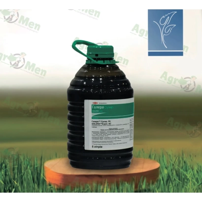 Bottle of herbicide on wooden stand against grass background - GALERA SUPER, RK