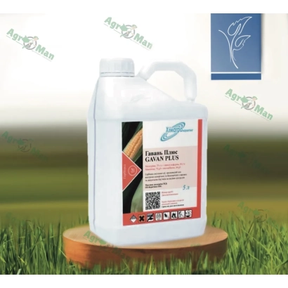 Bottle of herbicide GAVAN PLUS on wooden stand against grass background