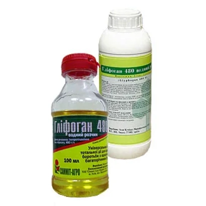 Флакон с жидкостью и этикеткой Glyphosate 480 - Глифоган 480