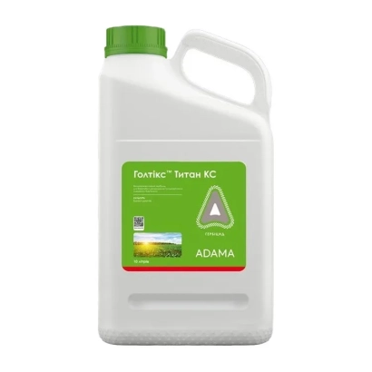 Белая канистра с зелёной крышкой и этикеткой Goltix Titan от ADAMA - Голтикс Титан