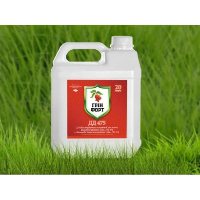 Белая канистра с красной этикеткой Grinfort DD 475 на фоне зеленой травы - Гринфорт ДД 475