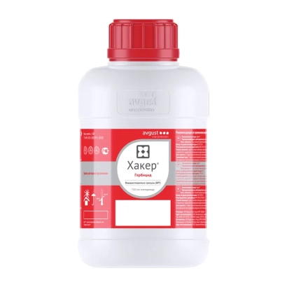 Бутелька з гербіцидом Хакер у червоній упаковці