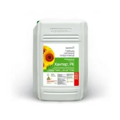 Белая канистра с этикеткой «Хантер, РК» и изображением подсолнуха