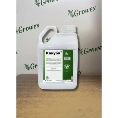 Белая канистра гербицида Кануба на деревянной поверхности с логотипом Growex на фоне