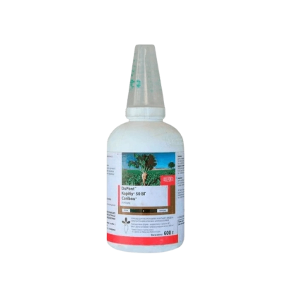 Bottle of herbicide Caribu 50 WP with label