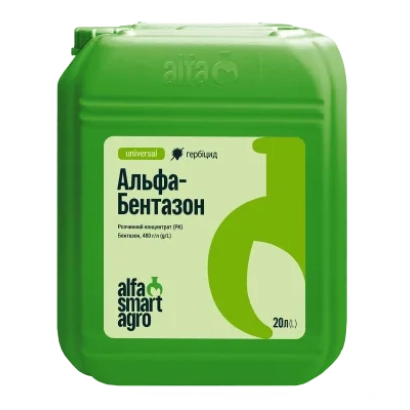 Зеленая канистра с этикеткой Альфа-Бентазон от Alfa Smart Agro - Ковчег, РК (бентазон, 480 г/л)