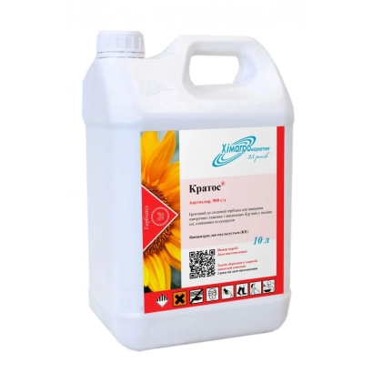 Біла канистра з етикеткою Кратос та зображенням соняшника