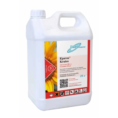 Белая канистра с этикеткой Kratos и изображением подсолнуха - Кратос, КЕ