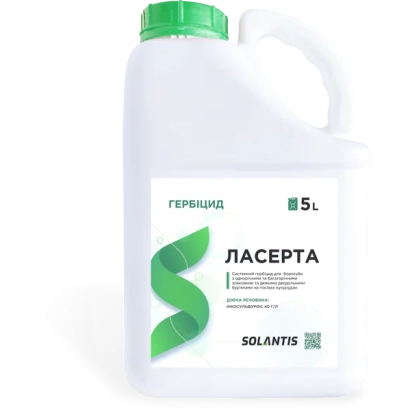 Белая канистра с зелёной крышкой и этикеткой Ласерта - Ласерта, КС, гербицид