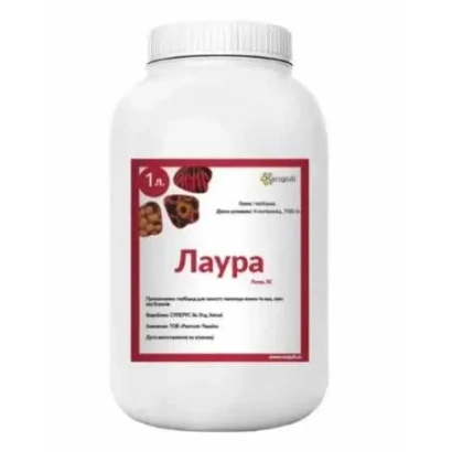 White bottle with label «Laura» and seed imagery.