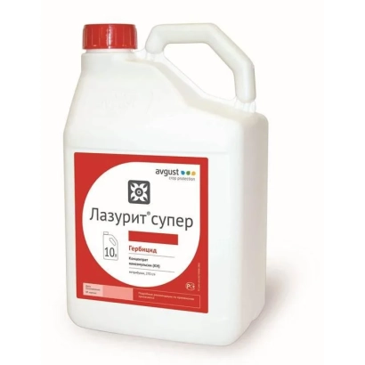 Белая канистра с красной крышкой и этикеткой Лазурит Супер