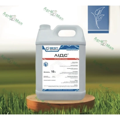 Каністра з гербіцидом LIDS MC на дерев'яній підставці на фоні трави. - Лідс, МС (нікосульфурон, 60 г/л)