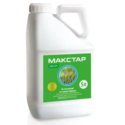Белая канистра с зелёной этикеткой, на которой написано МАКСТАР и изображён круг с растением.