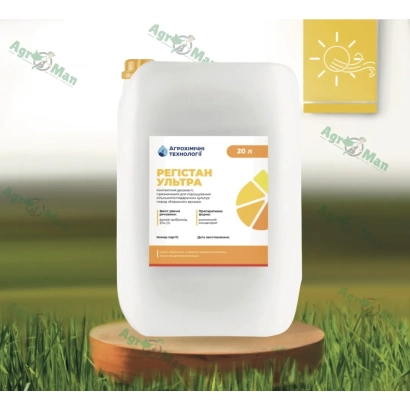 Белая канистра с этикеткой РЕСТАЙЛ ФРУТА на зеленом фоне - Медифам Ультра