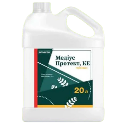 White jug with label Medius Protect, KE