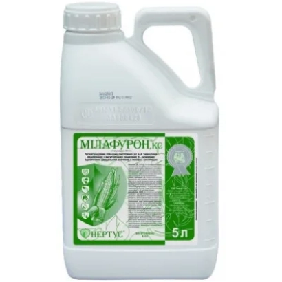 White jug with label МІЛАФУРОН, herbicide 5L - Milrafuron, CS, herbicide